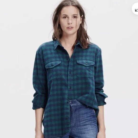 Madewell Tops - Madewell Womens-M Flannel Cargo Workshirt Plaid Button Down Shirt Blue/Green